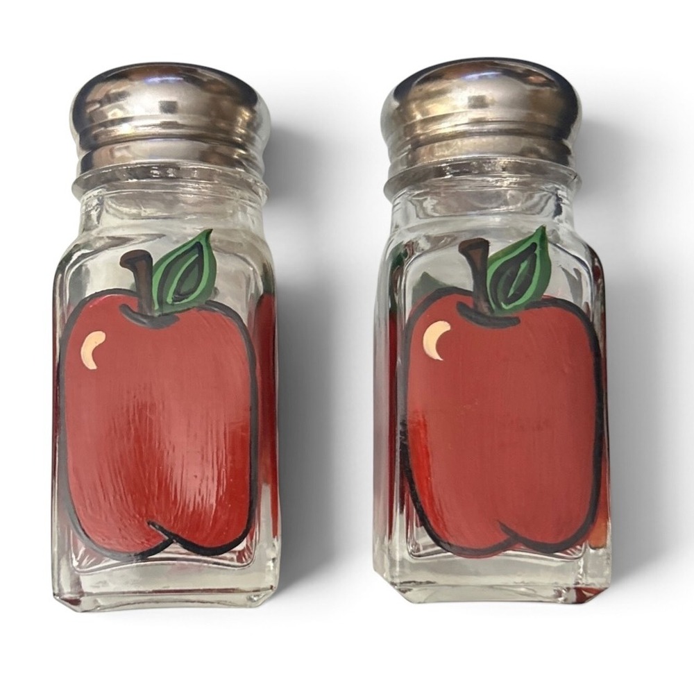 Vintage 1980s Red Apple Hand-Painted Glass Salt and Pepper Shakers Set